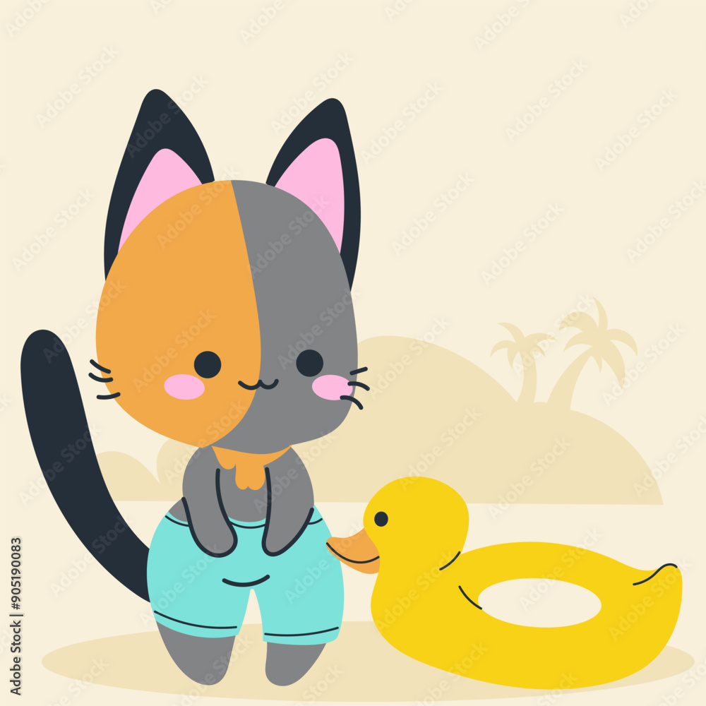 Cute kawaii cat on beach in cartoon, flat, doodle, simple style. Design element for posters, postcards, greeting cards, wallpapers, children's clothes, fabrics, t-shirts, logos Cute kawaii cat on beach in cartoon, flat, doodle, simple style. Design element for posters, postcards, greeting cards, wallpapers, children's clothes, fabrics, t-shirts, logos