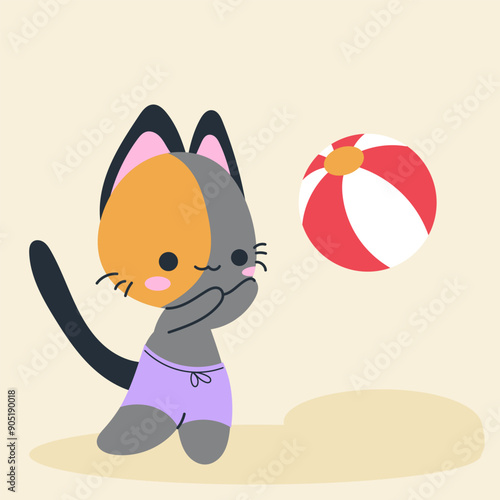 Cute kawaii cat on beach in cartoon, flat, doodle, simple style. Design element for posters, postcards, greeting cards, wallpapers, children's clothes, fabrics, t-shirts, logos