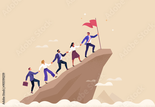 Business Leadership Concept. Vector illustration of a group of diverse people climbing up to the top of a mountain, following a leader with a flag in his hand. Isolated on background