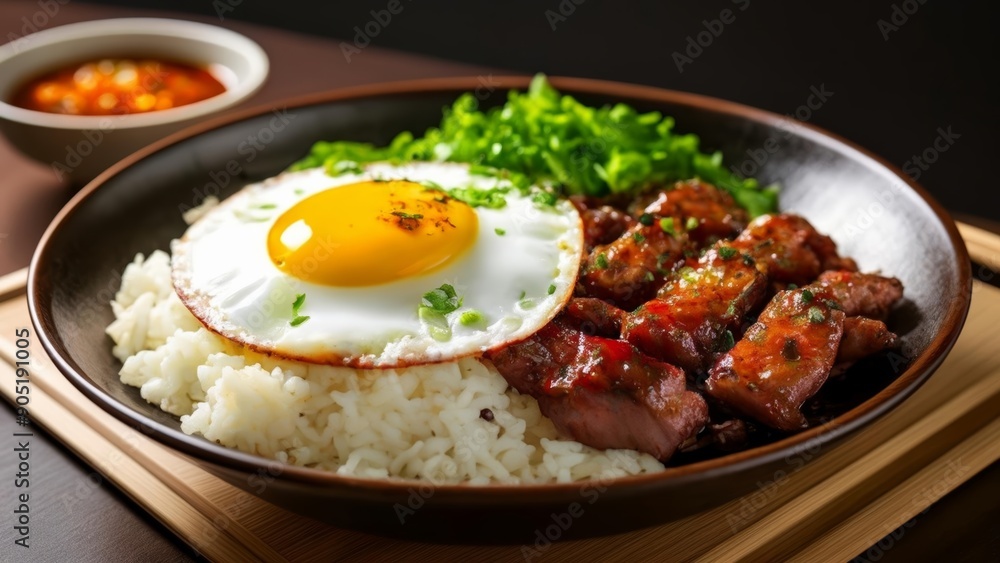 Delicious Asianinspired meal with fried egg rice and meat Delicious Asianinspired meal with fried egg rice and meat