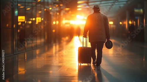 Businessman with Suitcase at a Sunlit Airport