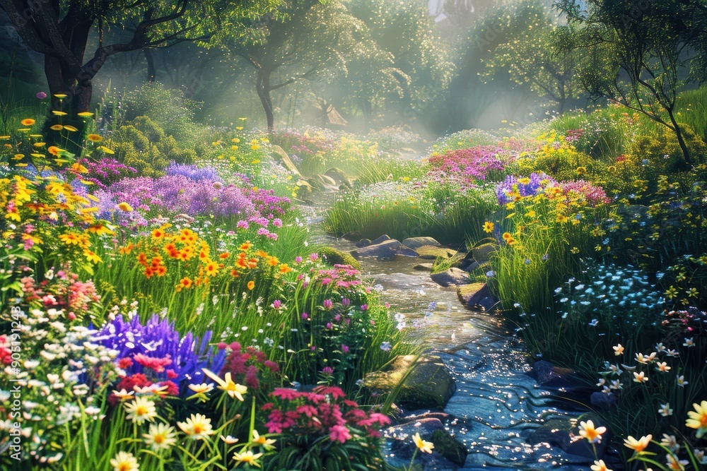 A Sunlit Stream Through a Lush Wildflower Meadow A Sunlit Stream Through a Lush Wildflower Meadow