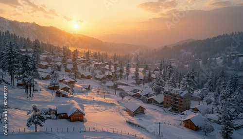 Ariel view of a village in snowy mountain photo