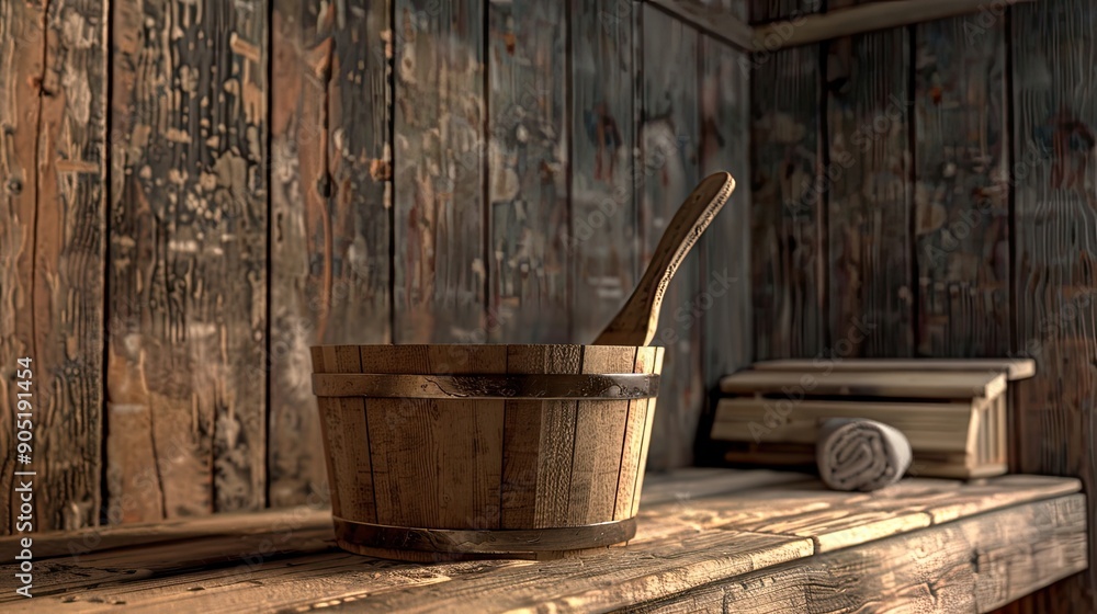 Wellness Sauna bucket of water with ladle placed onto a bench Dry Sauna Cabin Wellness Sauna bucket of water with ladle placed onto a bench Dry Sauna Cabin