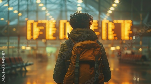 Solo Traveler Gazing at Airport Departure Board photo