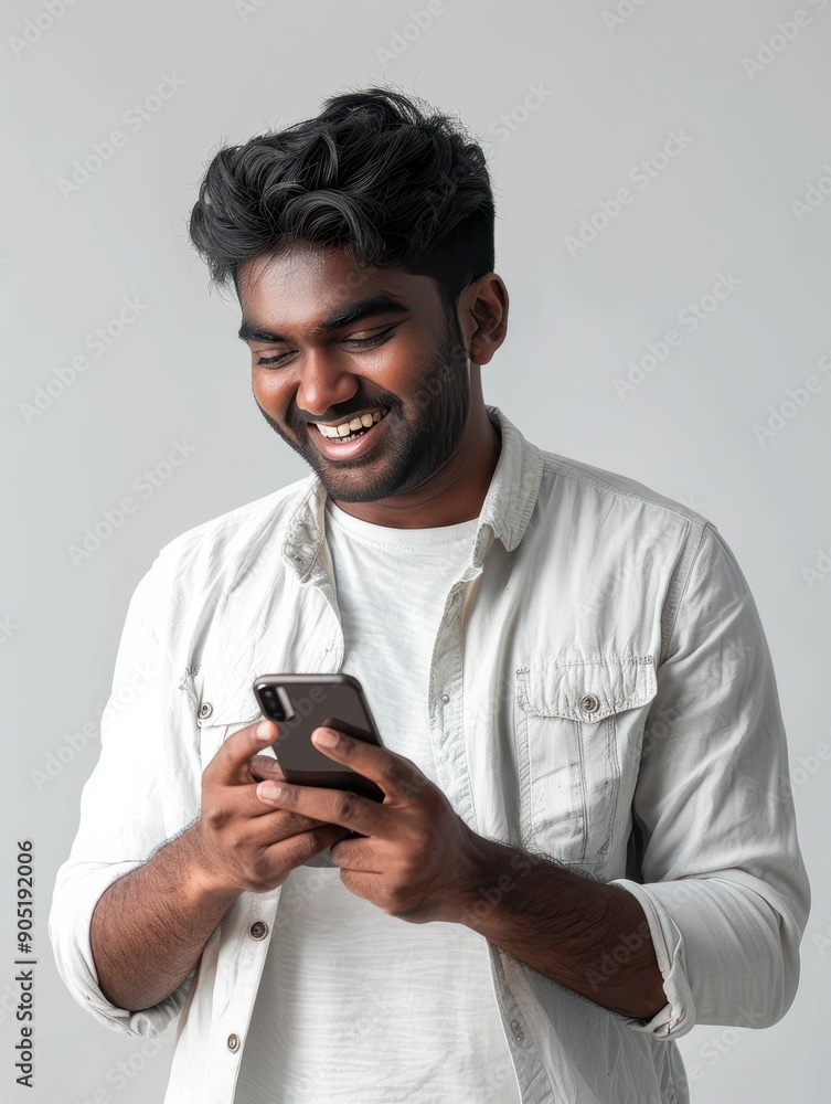A South Asian man with a laughing smile looking at his phone, featured on a white background. A South Asian man with a laughing smile looking at his phone, featured on a white background.
