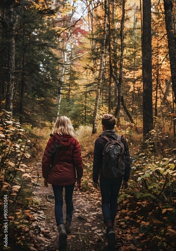 Couple Hiking Through Autumn Forest