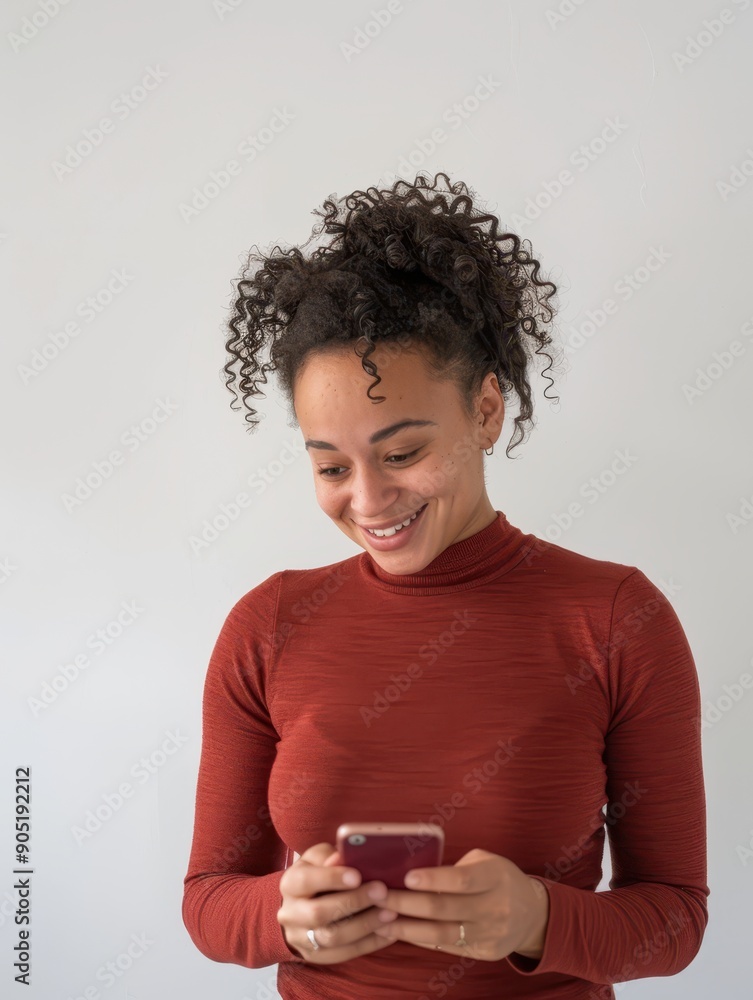 A mixed-race woman in her late twenties with a bright smile looking at her phone, against a white background. A mixed-race woman in her late twenties with a bright smile looking at her phone, against a white background.