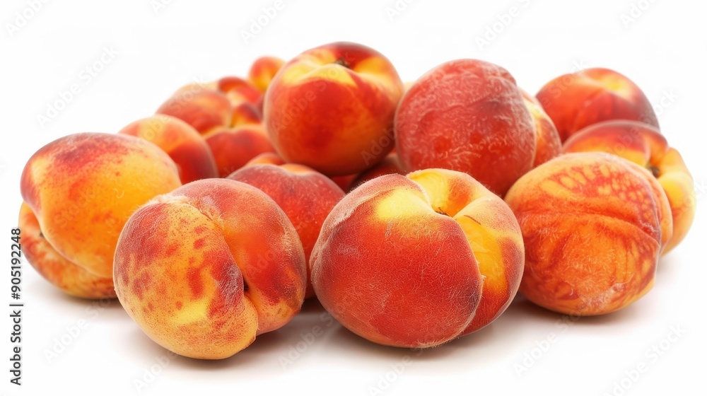 A pile of whole peaches, their fuzzy orange skins softly lit against the white backdrop. A pile of whole peaches, their fuzzy orange skins softly lit against the white backdrop.