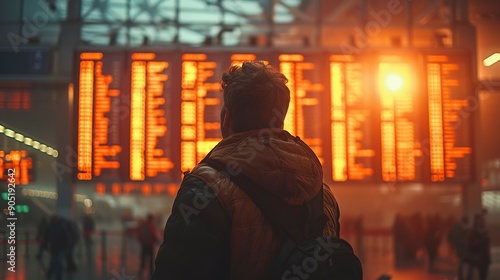 Man Standing Alone in Airport Terminal Glancing at Departure Board © Dament