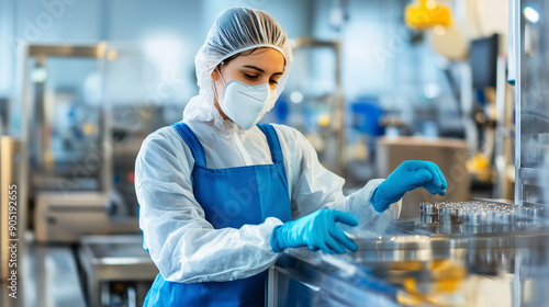 a factory worker in protective clothing and gloves operating machinery in a food processing plant. The scene emphasizes hygiene and efficiency, food industry, machinery operation, photo