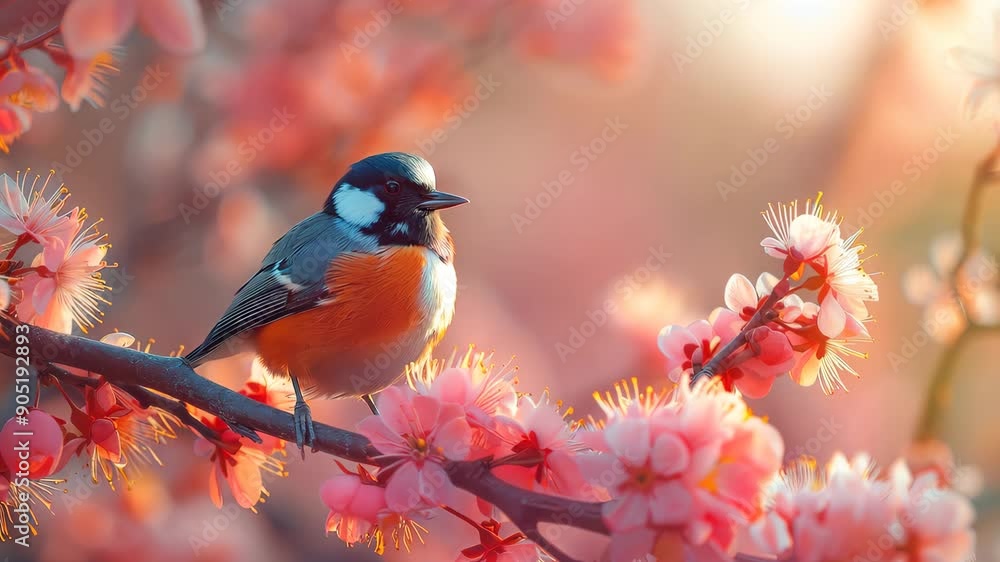Graceful bird on cherry blossom branch in soft morning light Graceful bird on cherry blossom branch in soft morning light