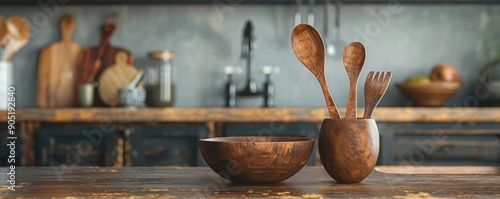 Rustic wooden bowl and utensils in a cozy kitchen setting, perfect for culinary and home decor themes.