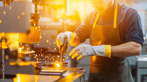 a skilled machinist in protective gloves and apron working with precision tools in a manufacturing plant. The warm lighting highlights the intricate work being performed, industria photo