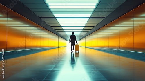 Traveler Walking Through Illuminated Airport Corridor photo