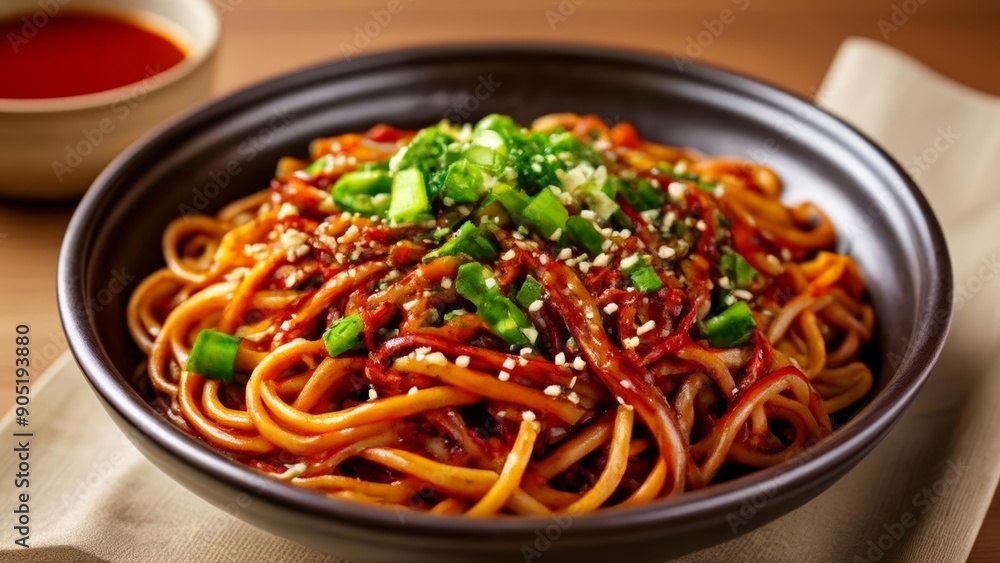 Delicious Asian noodle dish with vibrant toppings Delicious Asian noodle dish with vibrant toppings