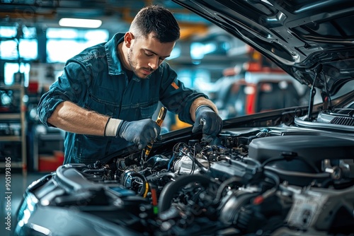 Car mechanic working in auto repair service. Closeup of auto mechanic hands repairing car engine
