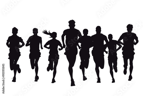 black silhouette group of runner running on white background