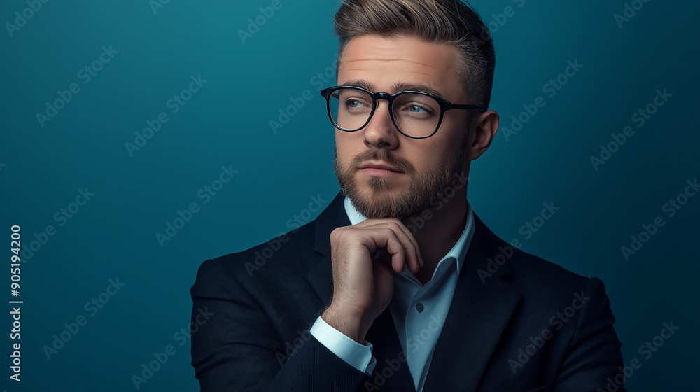 A well-groomed man with a beard and short hair, wearing glasses. He is dressed in a sharp black suit paired with a white shirt. The man is posed against a muted blue background, with his hand resting