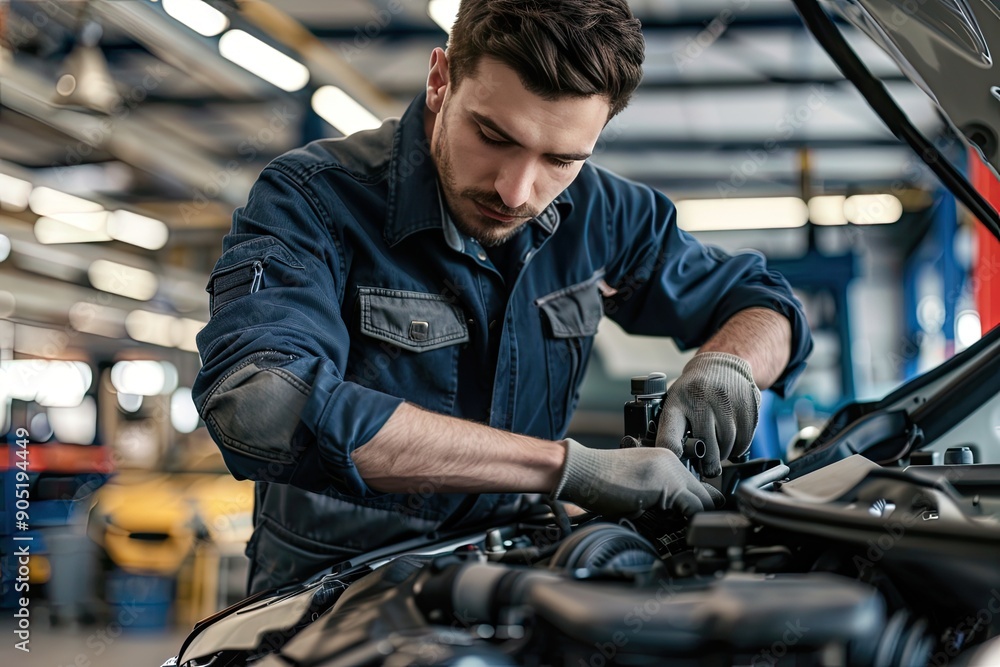 Car mechanic working in auto repair service. Closeup of auto mechanic hands repairing car engine Car mechanic working in auto repair service. Closeup of auto mechanic hands repairing car engine