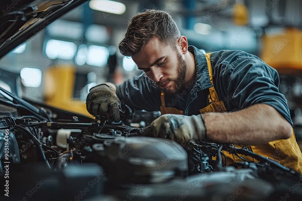 Car mechanic working in auto repair service. Closeup of auto mechanic hands repairing car engine Car mechanic working in auto repair service. Closeup of auto mechanic hands repairing car engine