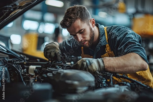 Car mechanic working in auto repair service. Closeup of auto mechanic hands repairing car engine