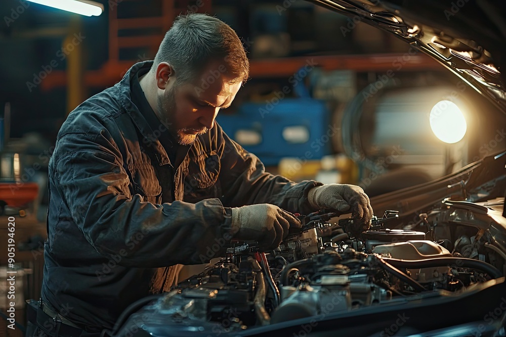 Car mechanic working in auto repair service. Closeup of auto mechanic hands repairing car engine Car mechanic working in auto repair service. Closeup of auto mechanic hands repairing car engine