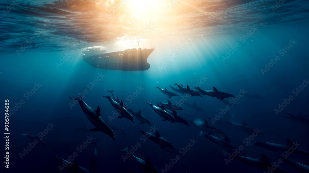 Obraz premium Underwater scene showcasing dolphins swimming under a boat with rays of sunlight piercing through the clear blue water.