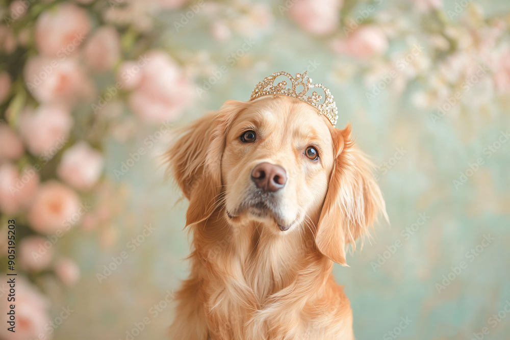 A joyful dog wearing a tiara against a background of flowering peony rose bushes. Golden retriever in a crown on a festive background. For postcards, banner, posters. A joyful dog wearing a tiara against a background of flowering peony rose bushes. Golden retriever in a crown on a festive background. For postcards, banner, posters.