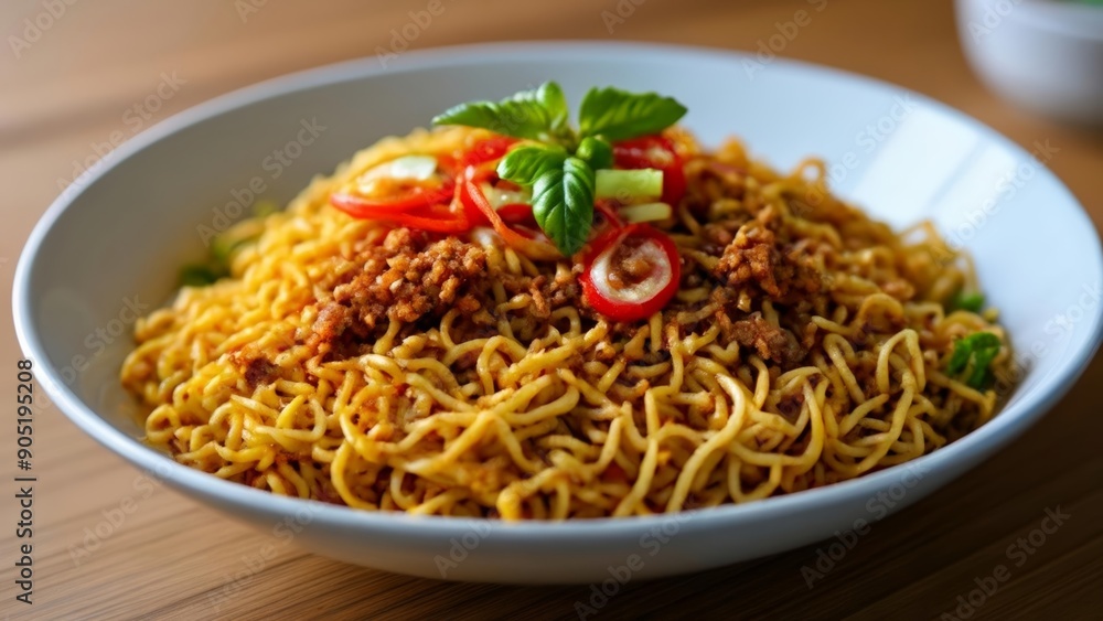 Delicious Asian noodle dish with vibrant toppings Delicious Asian noodle dish with vibrant toppings