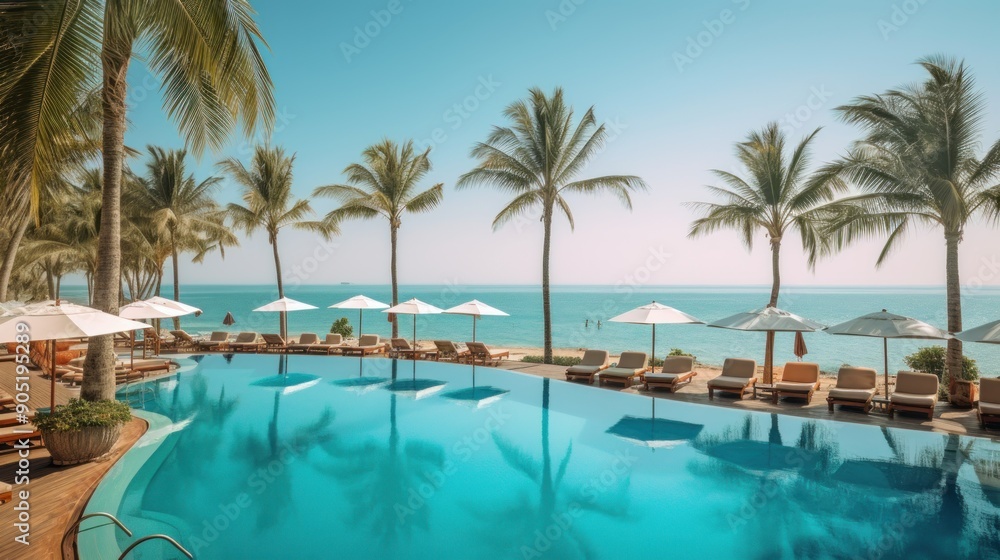 Fototapeta premium Tropical Paradise: Swimming Pool and Palm Trees at a Luxury Resort