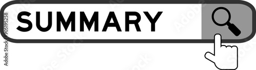Search banner in word summary with hand over magnifier icon on white background
