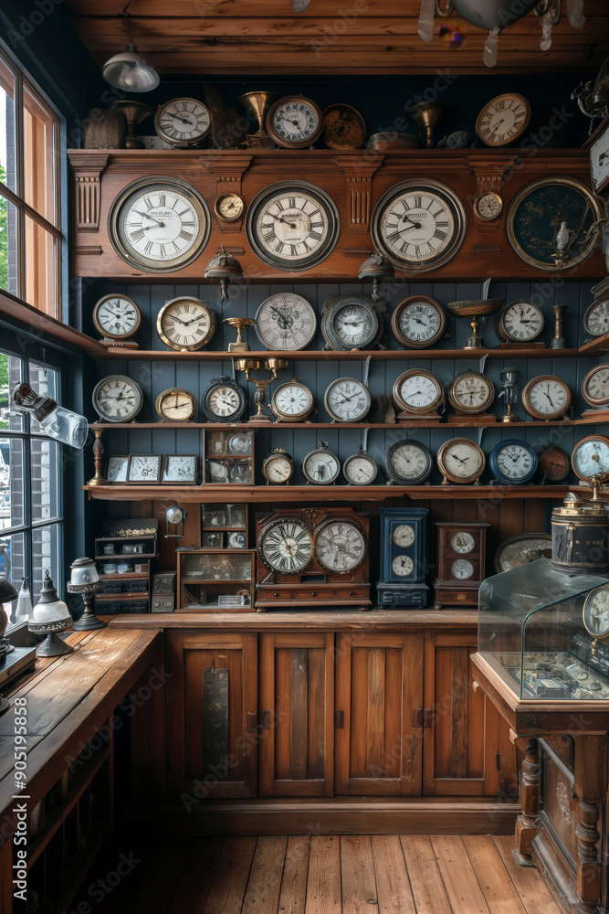 An antique watchmaker's shop with wooden shelves filled with vintage clocks and watches. An antique watchmaker's shop with wooden shelves filled with vintage clocks and watches.