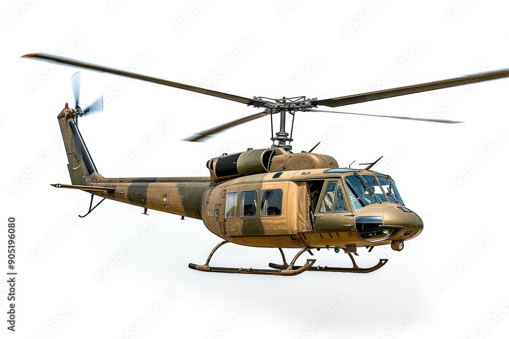 Fototapeta premium Dynamic Army Helicopter Soaring on White Background