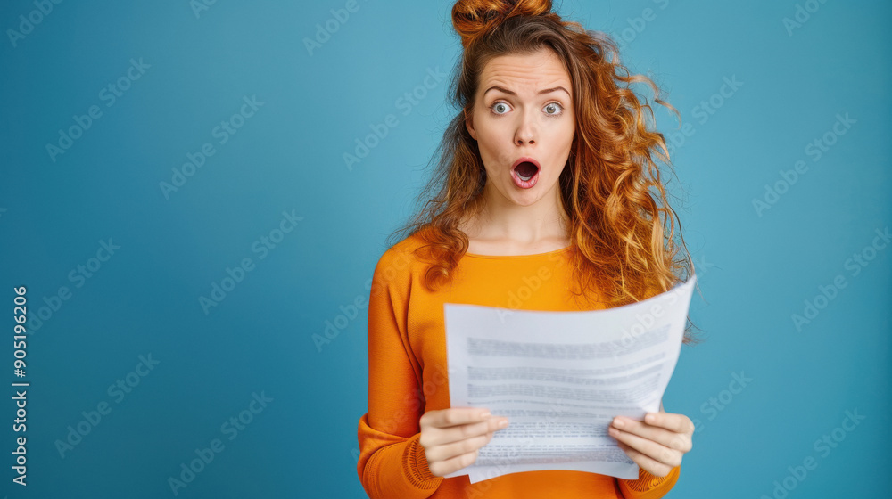 Shocked young Indian woman reading a document isolated on blue background Shocked young Indian woman reading a document isolated on blue background