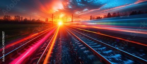 Train Tracks at Sunset With Blurred Light Trails