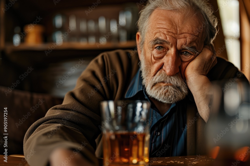 Thoughtful Elderly Man Holding Whiskey Glass Thoughtful Elderly Man Holding Whiskey Glass
