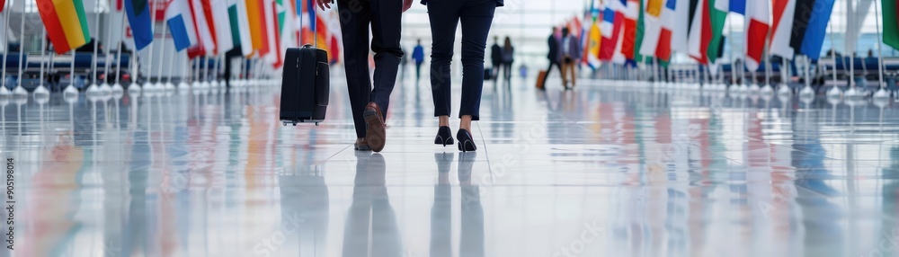 Fototapeta premium Passengers walking through airport with international flags in background, global travel, airport customs