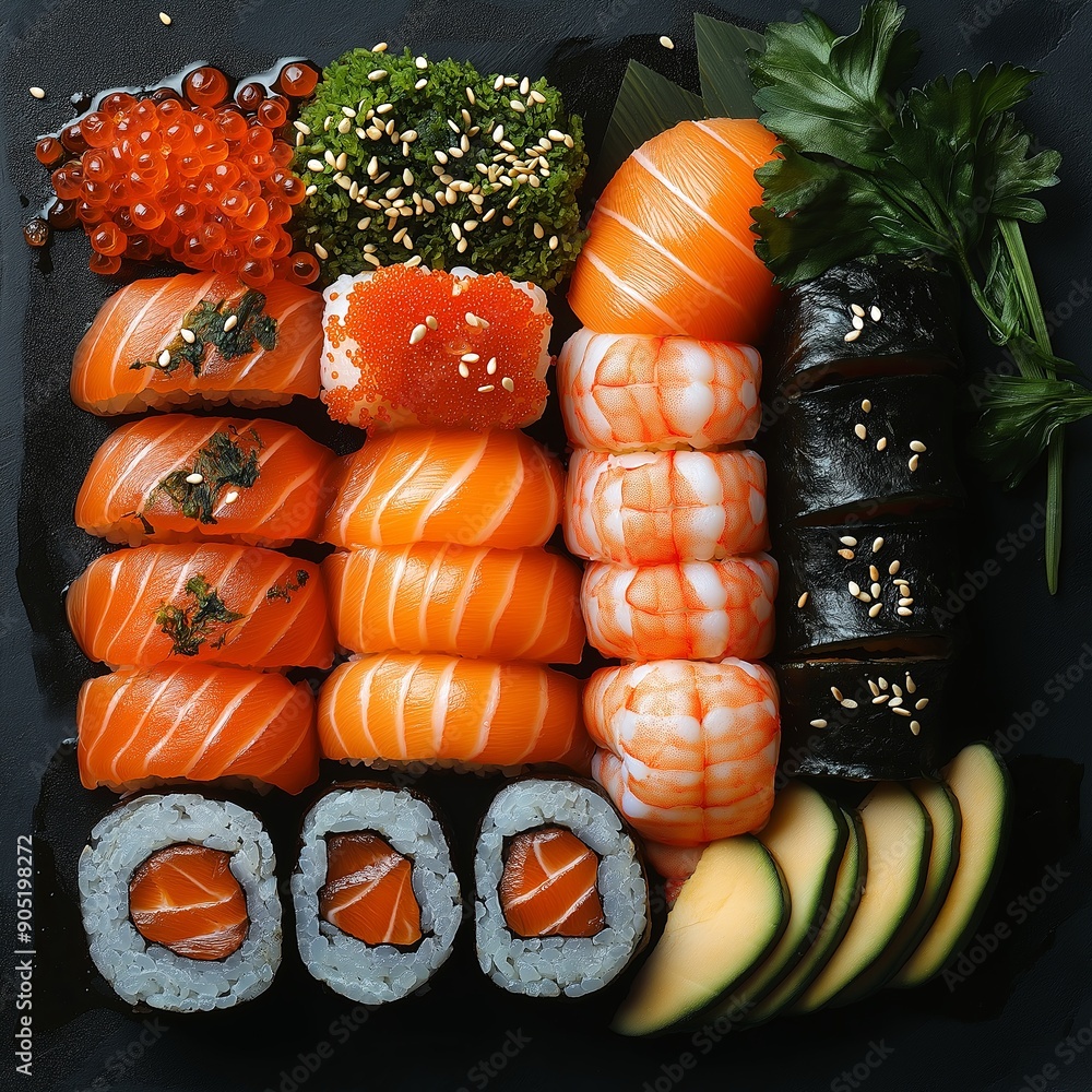 appetizing sushi set, on a black plain background appetizing sushi set, on a black plain background