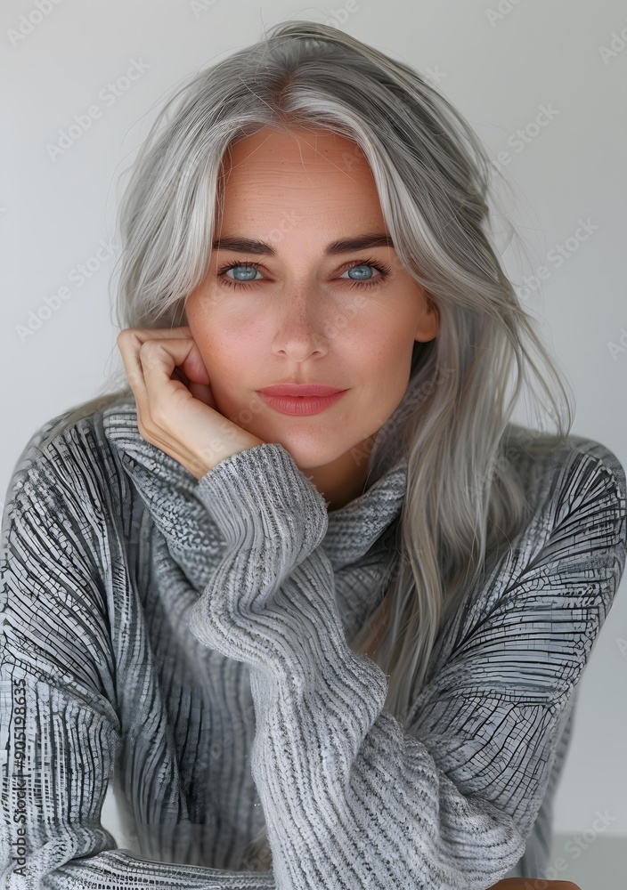 Portrait of a Woman with Silver Hair Wearing a Grey Sweater Portrait of a Woman with Silver Hair Wearing a Grey Sweater