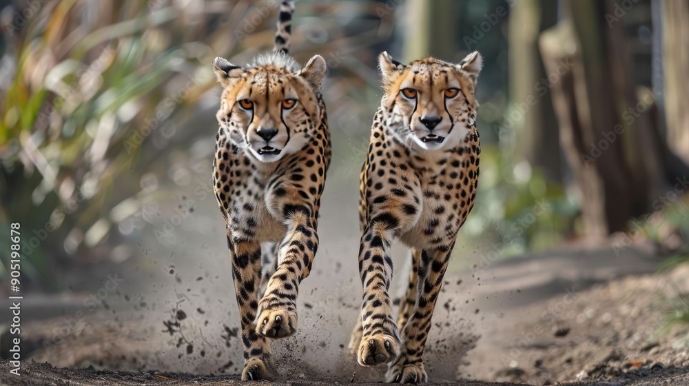 Fototapeta premium two large cheetah walking down a dirt road