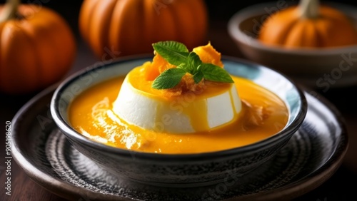  Delicious pumpkin soup with a dollop of cream and a sprig of mint photo