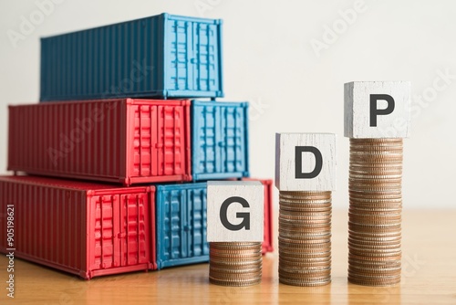 GDP word on stack coin as growth chart with cargo shipping containers background. GDP (Gross Domestic Product) of country growth. Global world business, economy and industry concept. photo