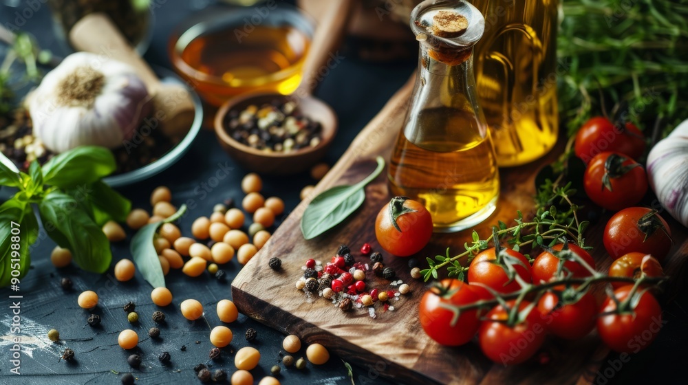 Fresh ingredients for a Mediterranean diet on a dark surface Fresh ingredients for a Mediterranean diet on a dark surface