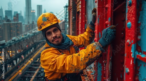 A construction worker wearing a yellow helmet and orange jacket is doing maintenance work at height on a bridge, with urban skyline visible in the background. photo