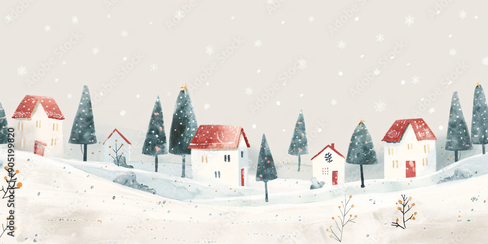 Fototapeta premium Winter village with snow covered houses and trees. Watercolor illustration for festive holiday design, greeting card, banner, and poster.