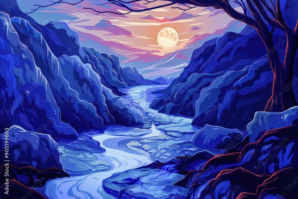 Fototapeta premium Snowy mountain river landscape with a full moon