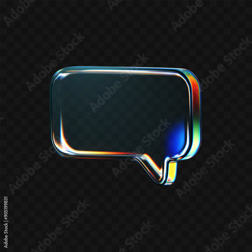 3d glass speech bubble icon with refraction and holographic effect isolated on dark background. Render transparent glass talk chat with overlay dispersion light, rainbow gradient. 3d vector morphism