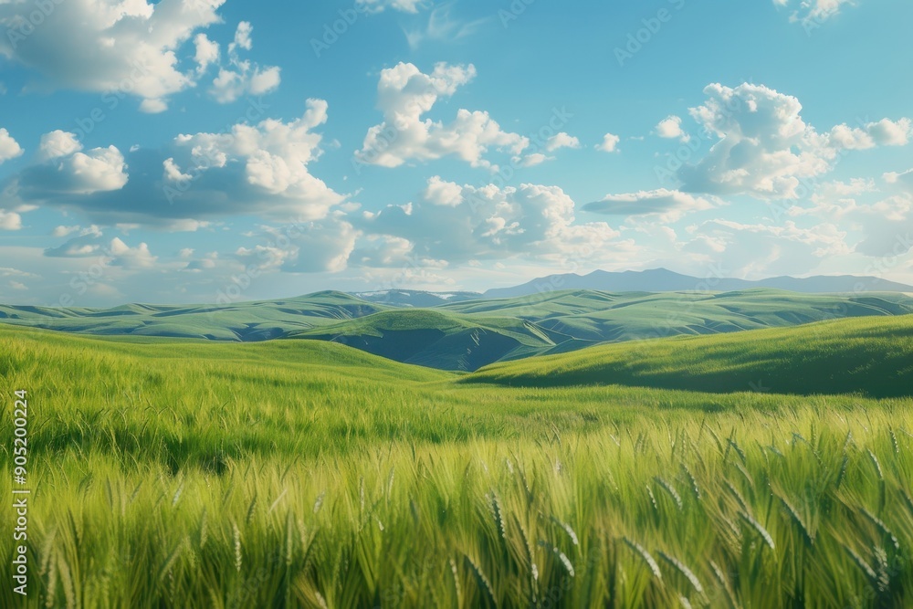Rolling Green Hills Under a Blue Sky with Fluffy White Clouds Rolling Green Hills Under a Blue Sky with Fluffy White Clouds