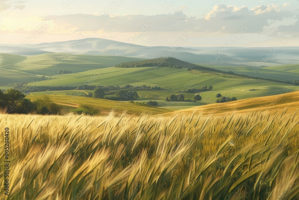 Obraz premium Golden Wheat Field in Rolling Hills at Sunset